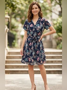 Banana Republic Floral & Bird Print Shirt Dress Navy Blue Size 4
